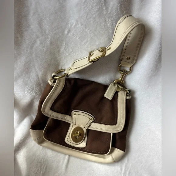 Coach Legacy Stripe Parchment/Brown Slim Flap Ali Turnlock Shoulder Bag $378 - Picture 16 of 16